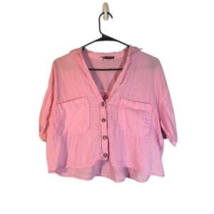 Zara Women’s Light Pink Short Sleeve V-Neck Button-Front Cropped Top Size XS